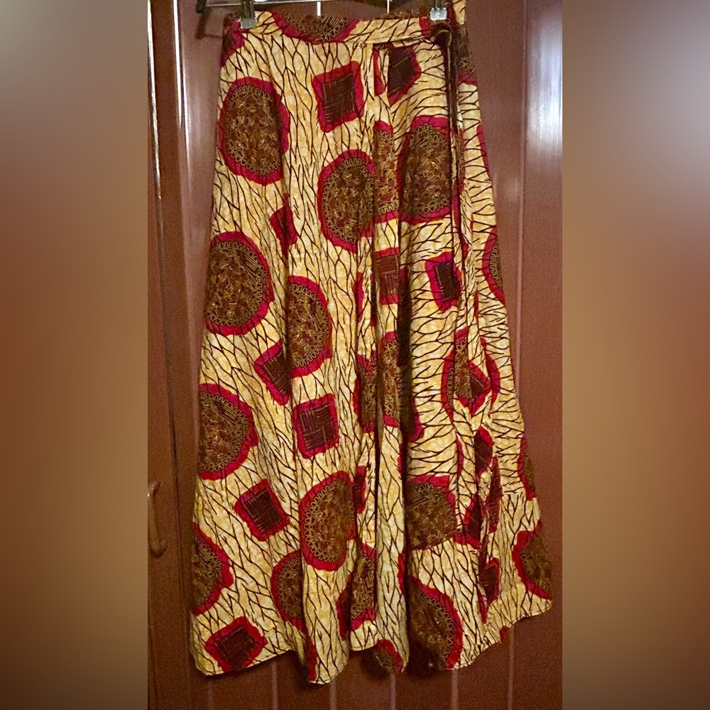 Yellow & Red African Print Maxi Skirt - Flared Waistband